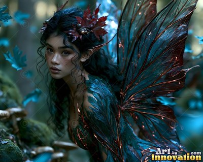 A woman fairy glances over her shoulder, her dark wings lined with copper light