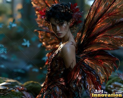 Turned three-quarters in a forest, a woman looks forward with red autumn wings
