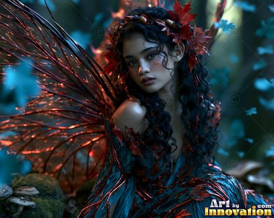 A woman with dark curly hair sits in a forest wearing red autumn leaves and twig wings