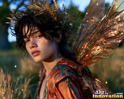 In a grassy field, a dark-haired woman turns with copper fairy wings spread