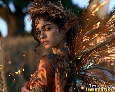 Glancing back at dusk, an elf woman is dressed in shiny gold wings and a wheat crown