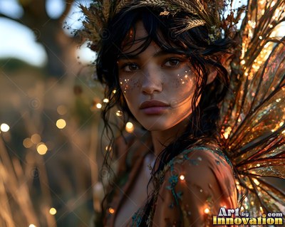 Woman with dark hair wearing a crown of wheat at dusk