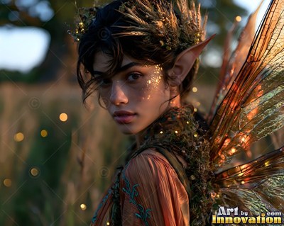 Gold glitter dusts the cheek of a winged woman standing in a grassy field at dusk
