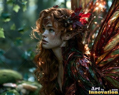 A red-haired fairy woman gazes sideways as warm sunlight shines through her amber wings