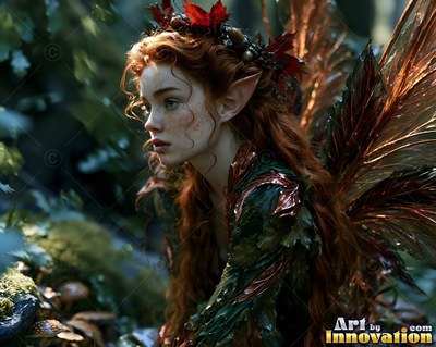Profile of a red-haired fae woman sitting in a dark green forest with brown wings