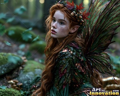 A red-haired fairy woman with pointed ears and leaf wings sits in a mossy forest