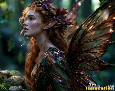 In a dark forest, a red-haired fairy woman with insect wings looks up