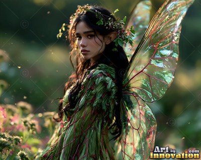 Standing in a sunlit meadow, a woman with large green fairy wings wears a leafy dress