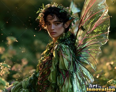 A woman with pointed ears and clear wings in a green dress