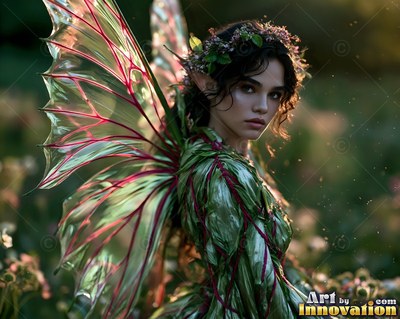 Veined glass wings spread behind a woman in a leafy green dress outdoors