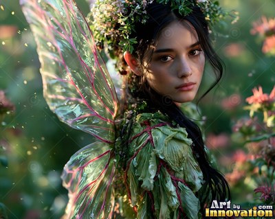 A woman with clear wings looks back over her shoulder in soft green light