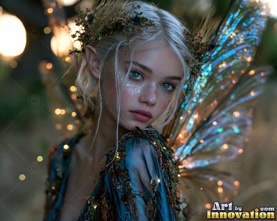 Facing forward outdoors, a fae woman with pale hair has blue glass wings