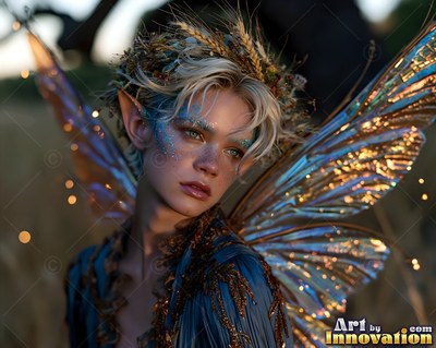 A woman with pointed ears and shiny wings wears a crown of dried wheat outside
