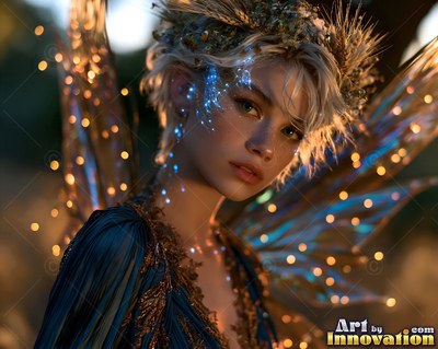 In a soft blur of light, a woman with wings wears a crown of dried wheat and blue face paint