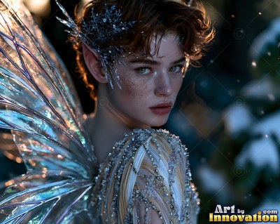 Looking over her shoulder, a fae woman with clear wings wears frosted jewels in the snow