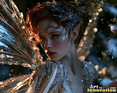 Red-haired woman with pointed ears and shiny ice fairy wings