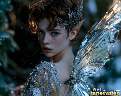 Ice crystals crown the short brown hair of an elf woman with clear glass wings in dark woods
