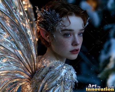 A red-haired woman turns her head, with soft light catching her clear glass fairy wings