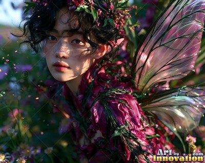 Close up of a winged woman in a flower field with dark curly hair and pointed ears