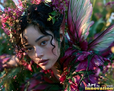 A dark-haired woman with pointed ears and pink fairy wings peeks out from flowers