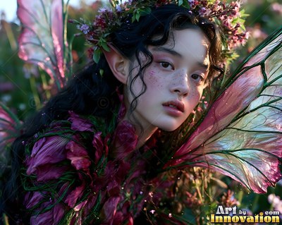 In a flower field, a young woman with pointed ears wears sheer pink wings