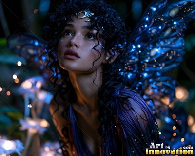 Woman with dark curly hair and blue fairy wings looking up