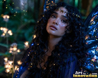 Gold circlet on her dark curls, a winged woman looks up in a dim blue forest