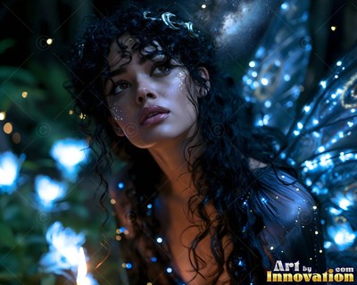 A dark-haired woman looks upward with winged lights shining in blue night shadows