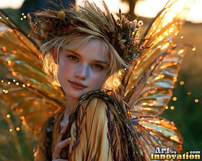 Facing forward in a field, a winged woman wears a wheat crown in golden light