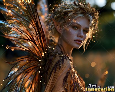 An elf woman with pointy ears and brown fairy wings wears a crown of wheat outdoors