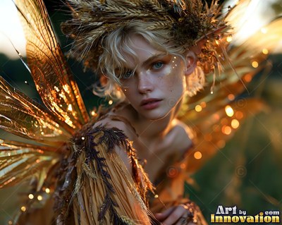 In a sunlit field, a woman with wings with pointed ears wears a wheat crown