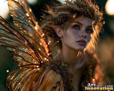 Glancing sideways in warm light, a winged fairy woman wears a crown of dry wheat