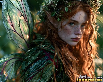 A red-haired woman with pointed ears and translucent insect wings
