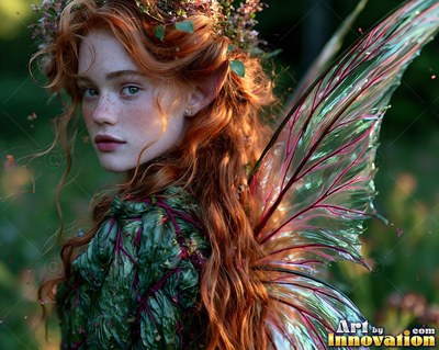 Pointed ears frame a red-haired fairy woman with green glass-like wings in a dark forest