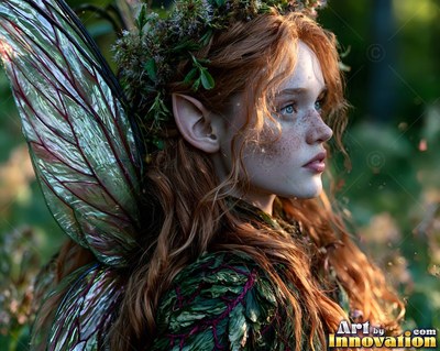 A winged woman with pointed ears looks sideways into warm green light