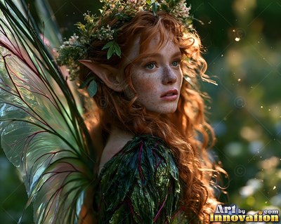 Turned sideways in a sunny forest, a red-haired fairy woman wears a green leaf dress