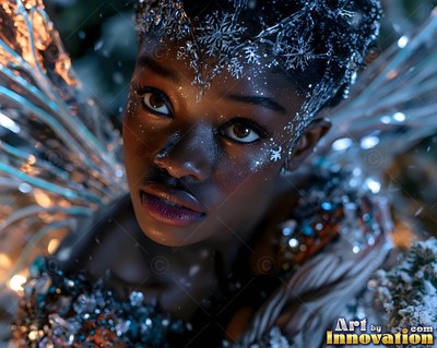 A dark-skinned woman with glass wings wears a frosty snowflake crown