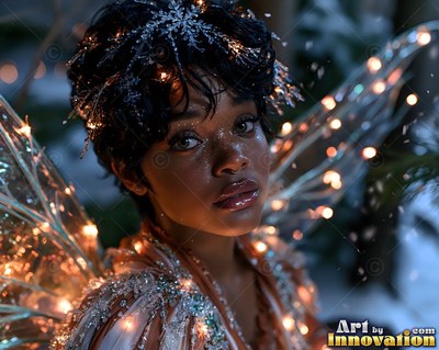 In a snowy woods, a Black woman with glass wings wears strings of warm lights