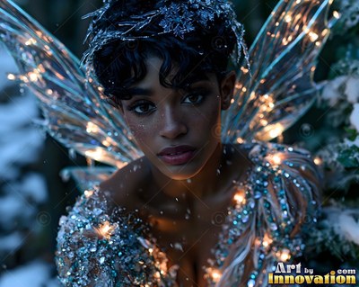 Gazing forward in snowy woods, a fairy woman clad in icy wings strung with tiny lights
