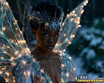 A fairy woman with an icy crown and lighted wings in snowy woods