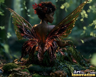 Red leaves in her hair, a winged Black woman sits on a mossy log in a forest