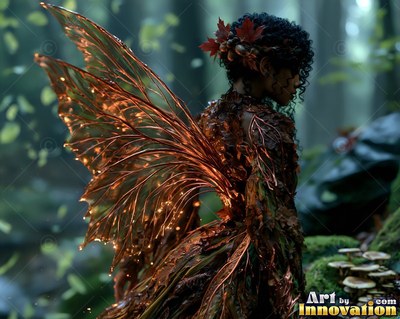A woman looks down in the forest with warm points of light on her copper wings