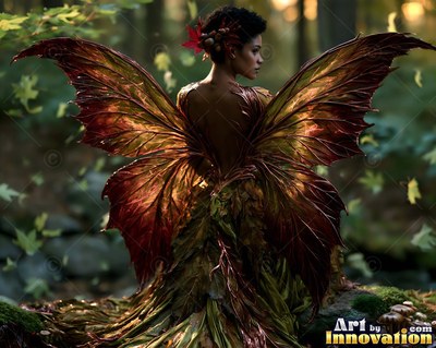 Seen from behind in a dim forest, a woman with large copper leaf wings looks over her shoulder