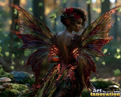 A woman with reddish leaf wings looks back over her shoulder in the woods