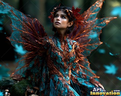 Looking up with brown wings, a winged woman in a teal dress in the forest