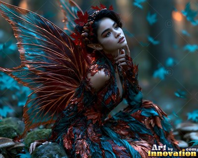 Woman with red leaf wings sitting in a dark blue forest