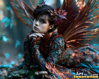 Wearing dried autumn leaves in her short hair, a winged woman rests on a rock in a dim forest