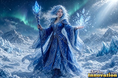 In a snowy landscape, a woman in a blue gown conjures sharp ice crystals