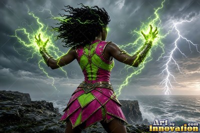 Casting green lightning over the sea, a woman in pink and green armor stands on dark rocks