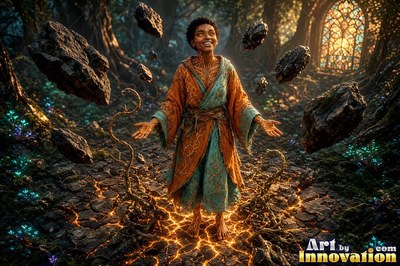 Woman smiling in an orange robe levitating rocks in a forest